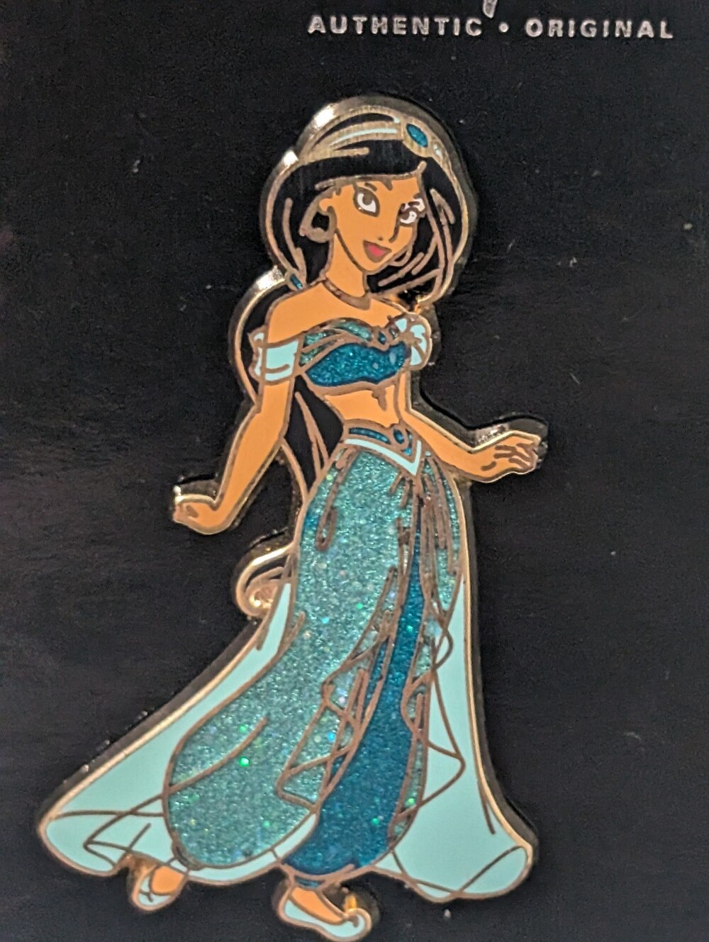 NWT•2012 Authentic Disney Parks Princess Jasmine Glitter Teal Dress Trading Pin✨